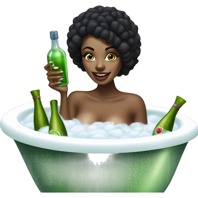 Girl with white towel wrapped around hair and cucumbers on eyes with manicure  holding a martini glass and bottle in black high heels kicking feet out in bubble bathtub  emoji
