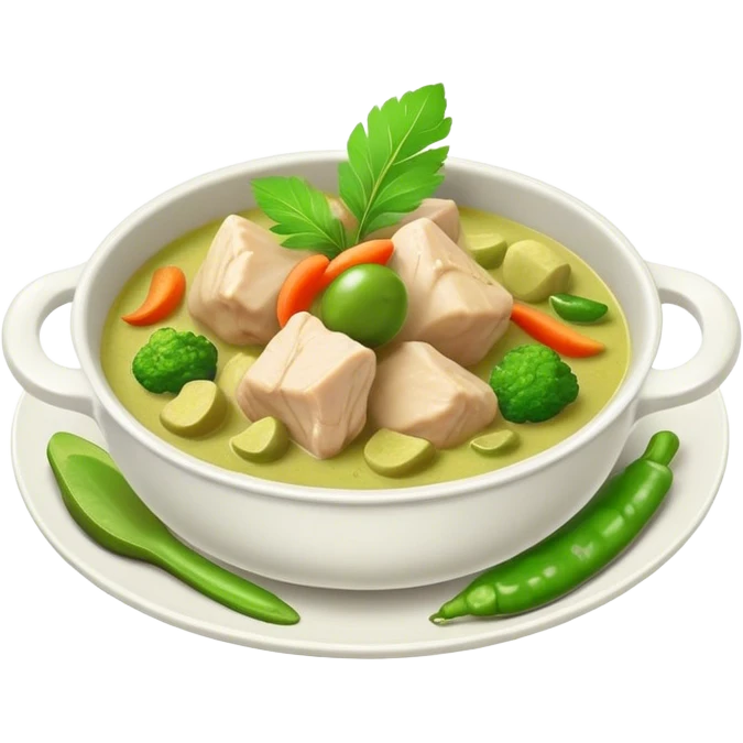 Green Chicken Curry Cinematic Realistic Green Chicken Curry Dish Emoji, depicted as tender chicken chunks simmered in a fragrant green curry sauce with vegetables, rendered with vivid textures and dynamic, vibrant lighting. emoji