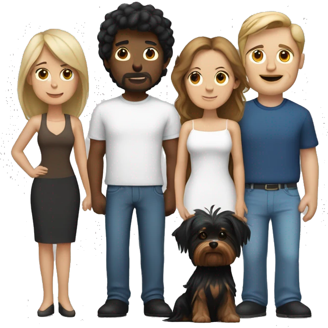 A white man with black hair, a white woman with brown hair, a Yorkshire terrier and a black dog with white breasts emoji