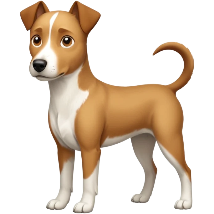 a full body large white parson russell looking dog the size of a kelpie with light brown flapped down ears and a light brown patch on one eye and a large snout emoji