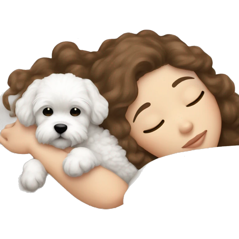 White girl brown hair sleeping with Mini Bichon emoji
