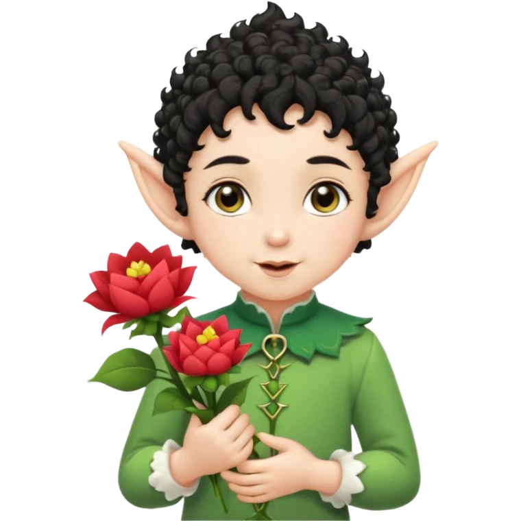 Tiny elf baby black curly hair with pointy ears, hold flowers emoji