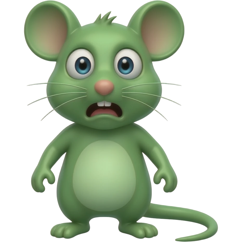 A little green mouse standing upright, with arms and legs that look like those of a little person, staring at us with revolting and nauseating face on its face. He's going to throw up .The mouse’s body is entirely green. emoji