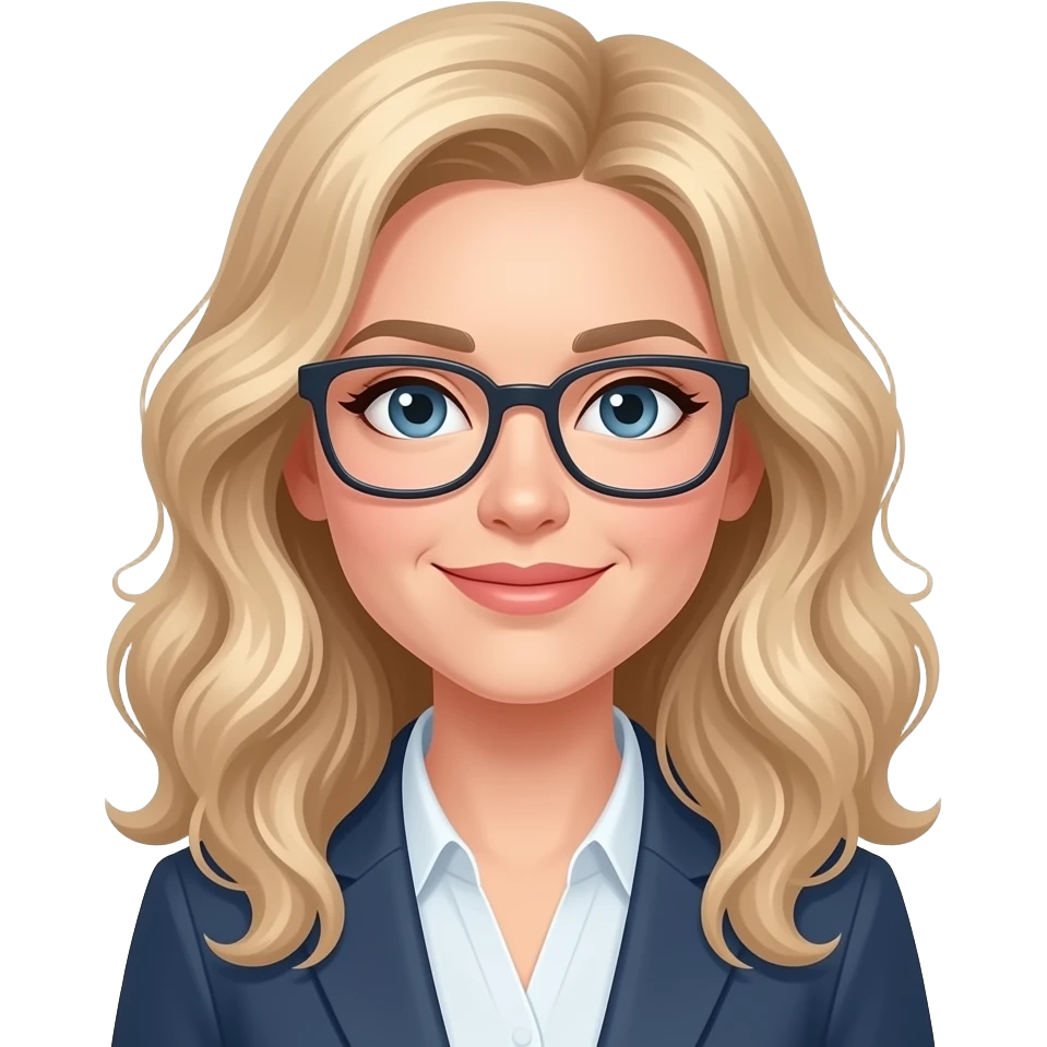 early thirties woman with long cool toned blonde loosely  curled hair, rectangular glasses emoji