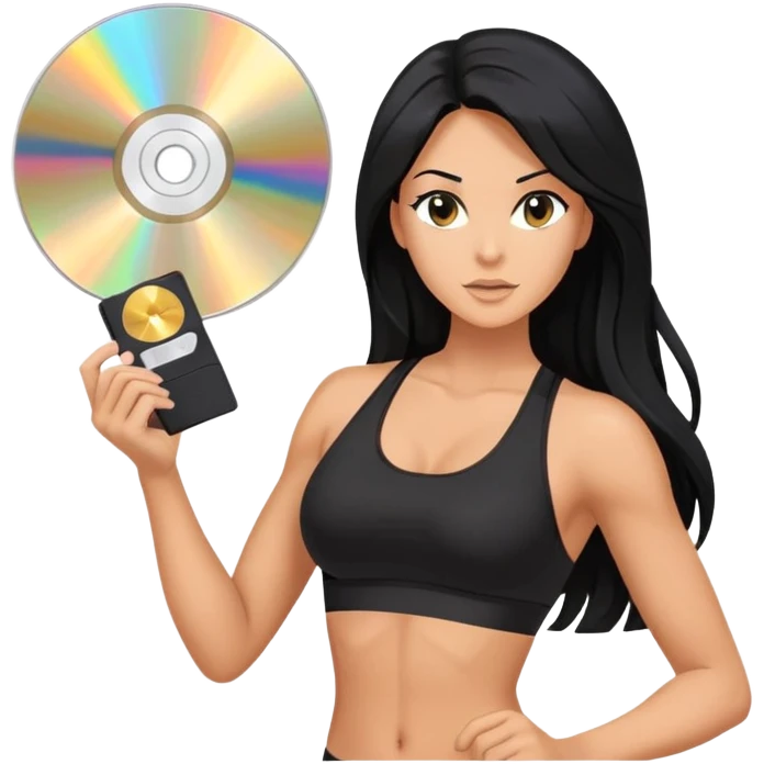 glasses, long black hair tanned woman, black sports bra, sexy, hot, data analysis, holding a cd  and memory stick emoji