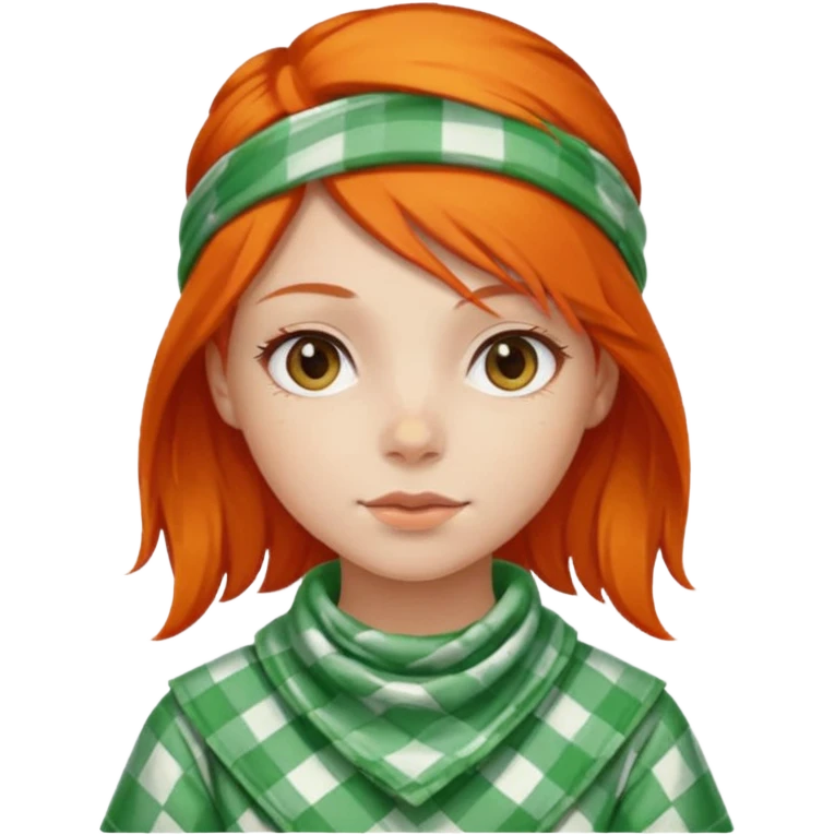 girl orange hair, wear red and white checkered bandana, green dress emoji