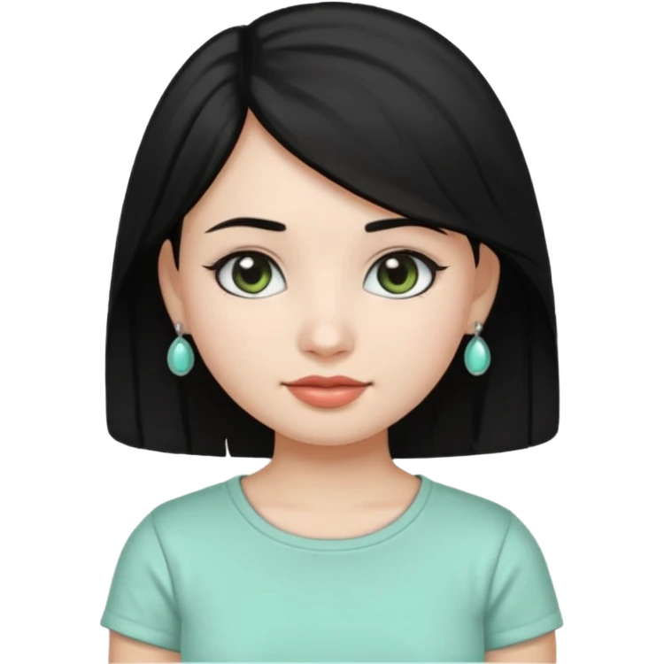 A girl emoji wearing silver jhumka and light mint green colour tshirt with dark black hair emoji