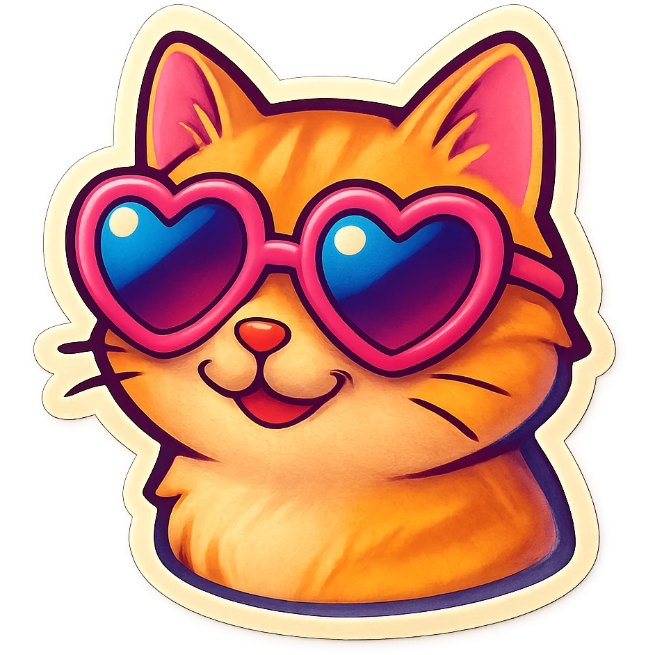 cat with heart-shaped sunglasses, sticker style, cute and fun emoji