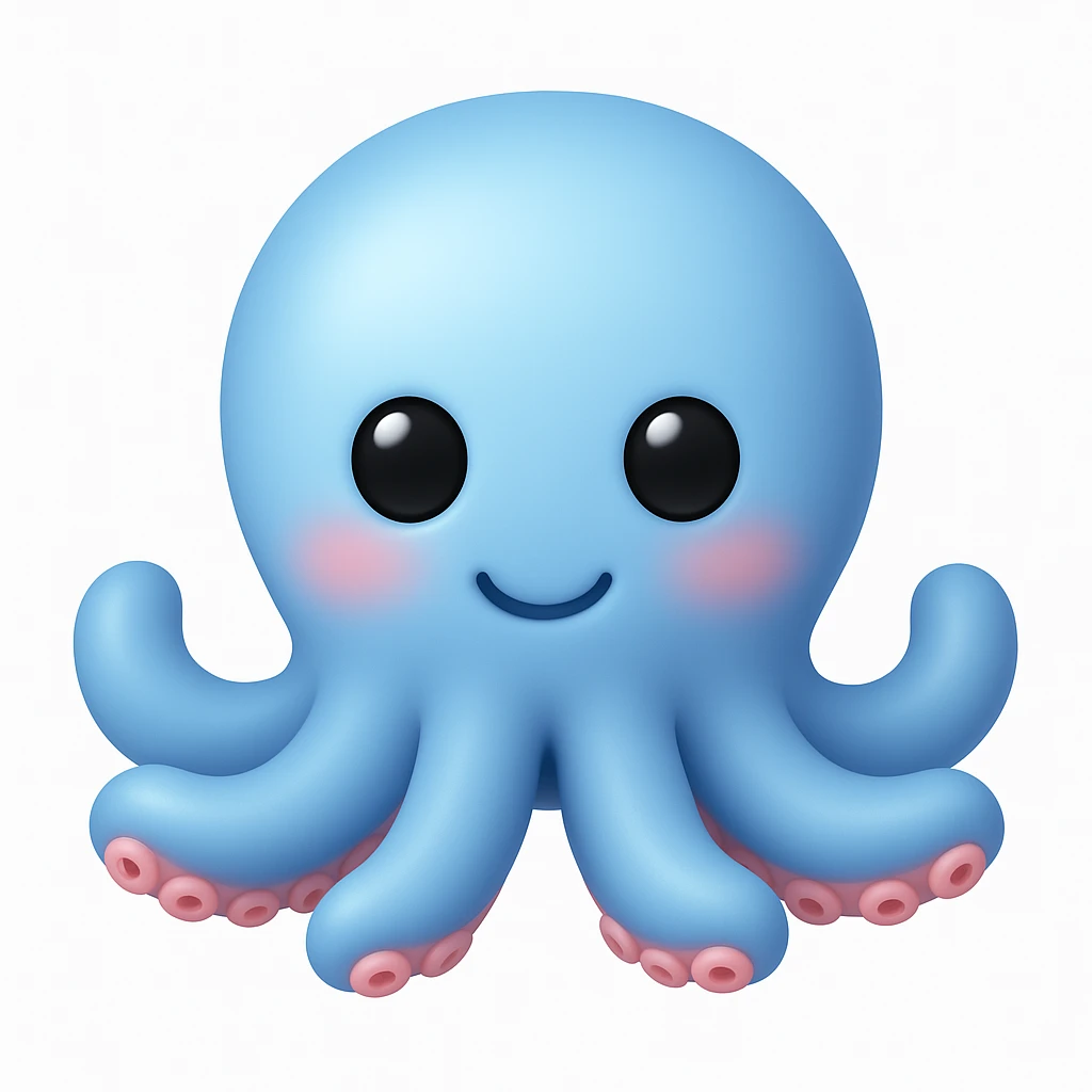 Make an octopus emoji exactly like the reference image, in iOS emoji style. Same shape, color, and details, smooth and shiny. Add a slight blush to the cheeks. emoji