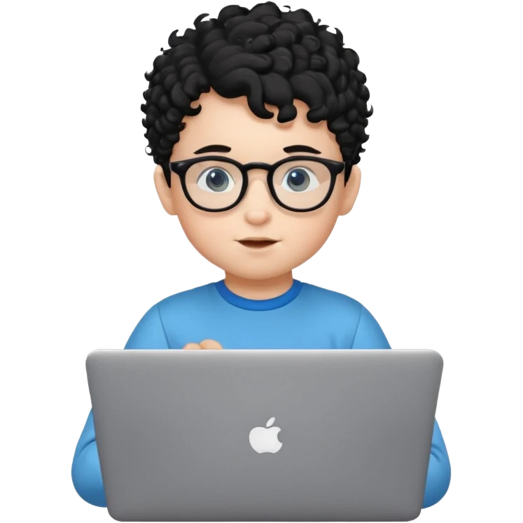 A baby boy DEVELOPER WITH A laptop, black curly hair and topknot, wearing glasses emoji