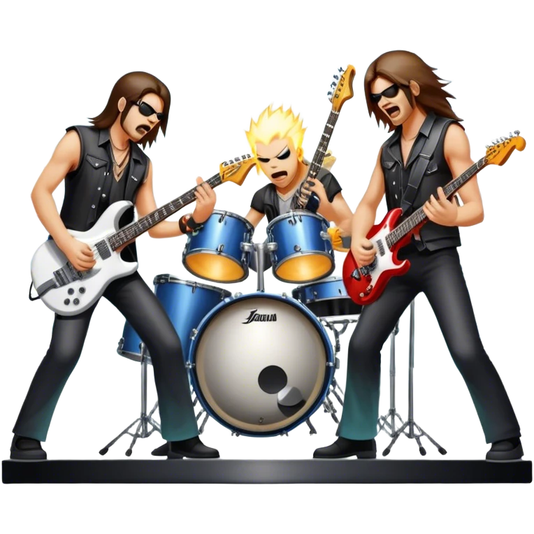 Icon for Heavy Metal Music: 4 men band on stage with electric guitars, drums and intense lighting. Musicians headbanging, surrounded by energy and stage effects, capturing the power and intensity of a metal concert. Transparent background. emoji