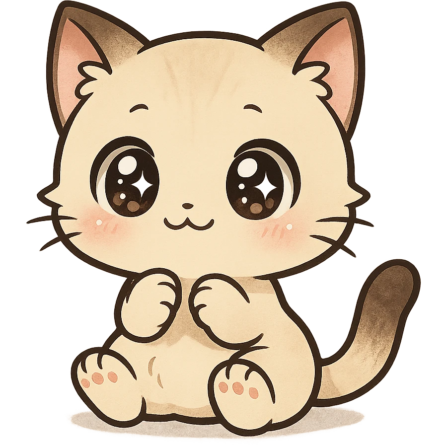 chibi-style anime cat, tiny paws, sparkling eyes, kawaii look emoji
