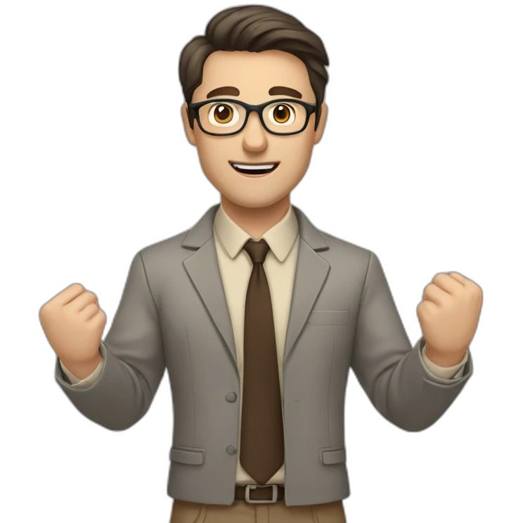 To belt Actively gesturing with hands Pale skinned fit man teacher with dark brown hair in gray jacket, beige office shirt, brown tie, brown pants and vintage glasses. emoji