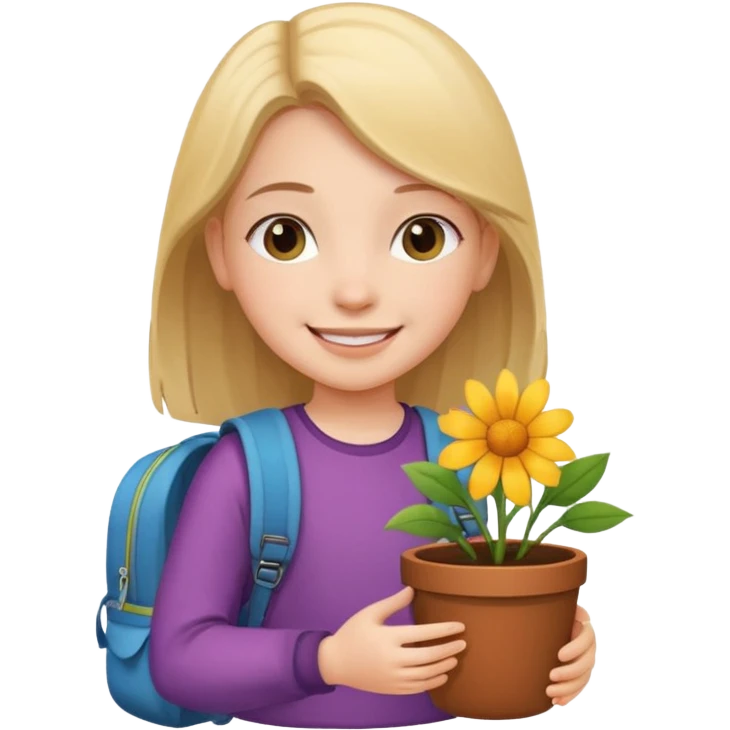 young girl wearing packpack, holding a flower pot emoji