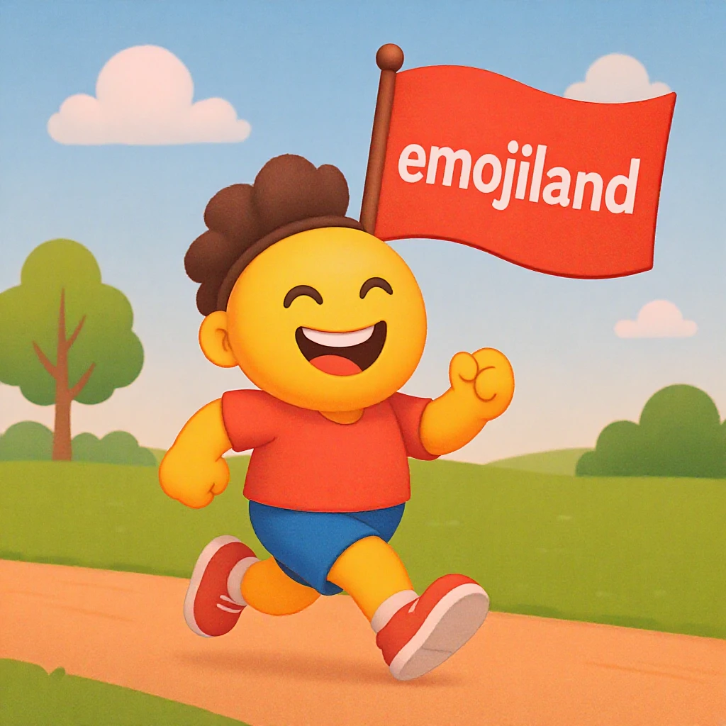 happy runner waving a flag that says 'emojiland' emoji