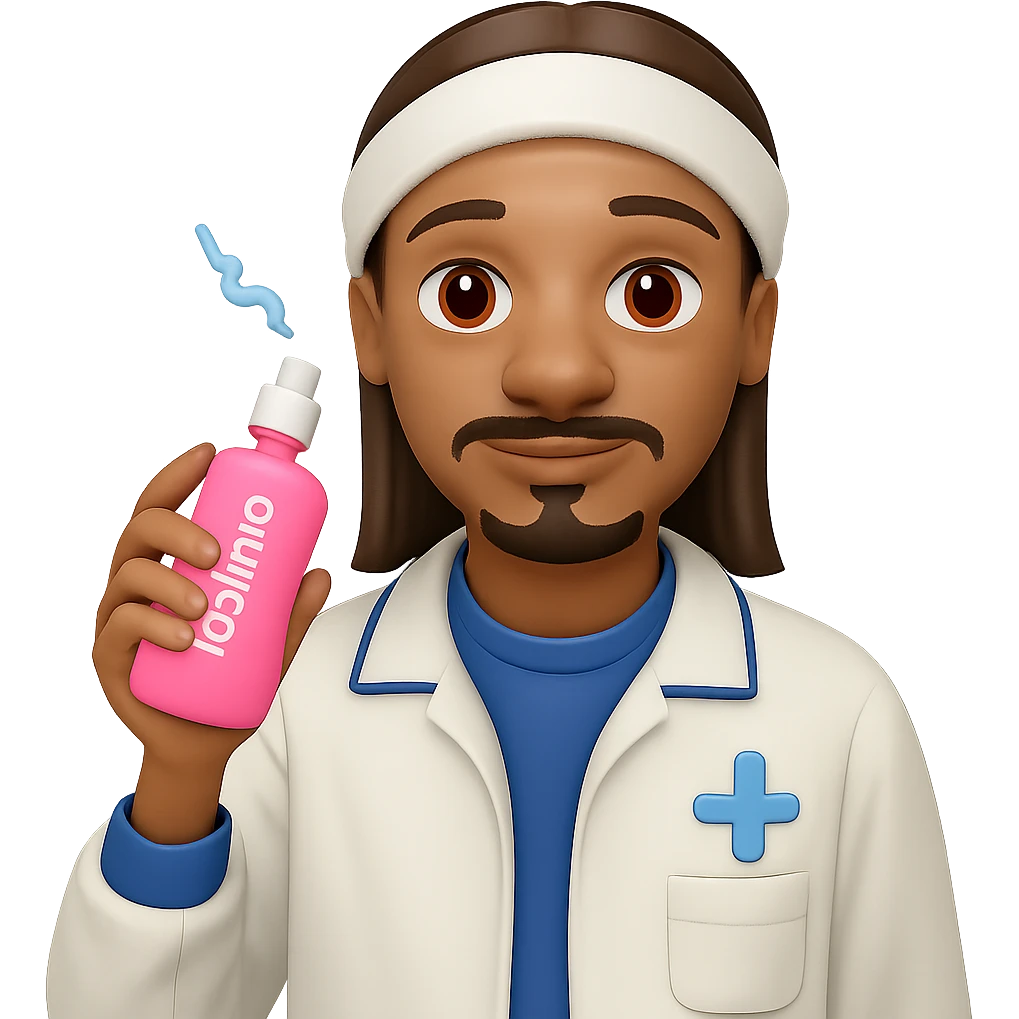 Change the baby oil bottle to pink, keep Snoop Dogg holding it, in emoji style with no background. emoji