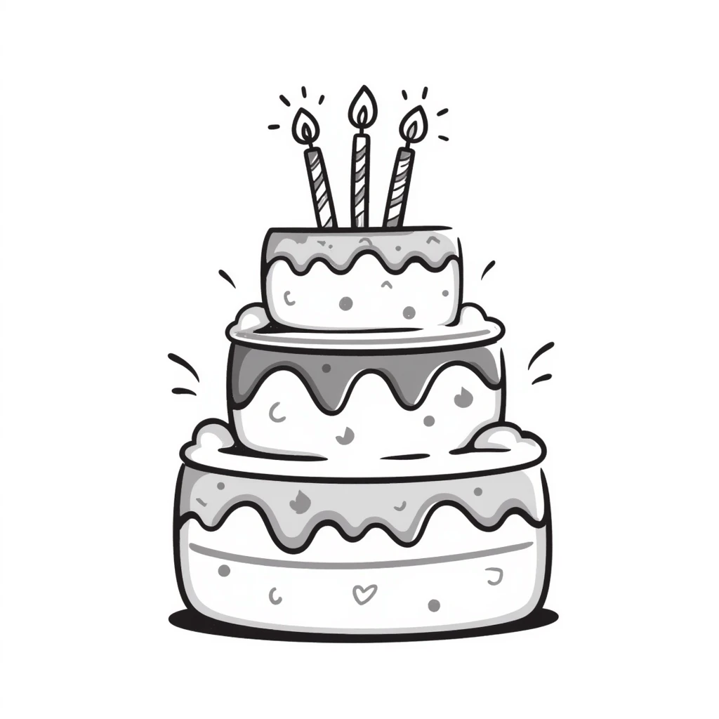 A decorated birthday cake with layers and frosting in pastel colors (dd9fb0, ffc6d3, a3bfc9, c4bee2, f1b091), hand-drawn doodle style emoji