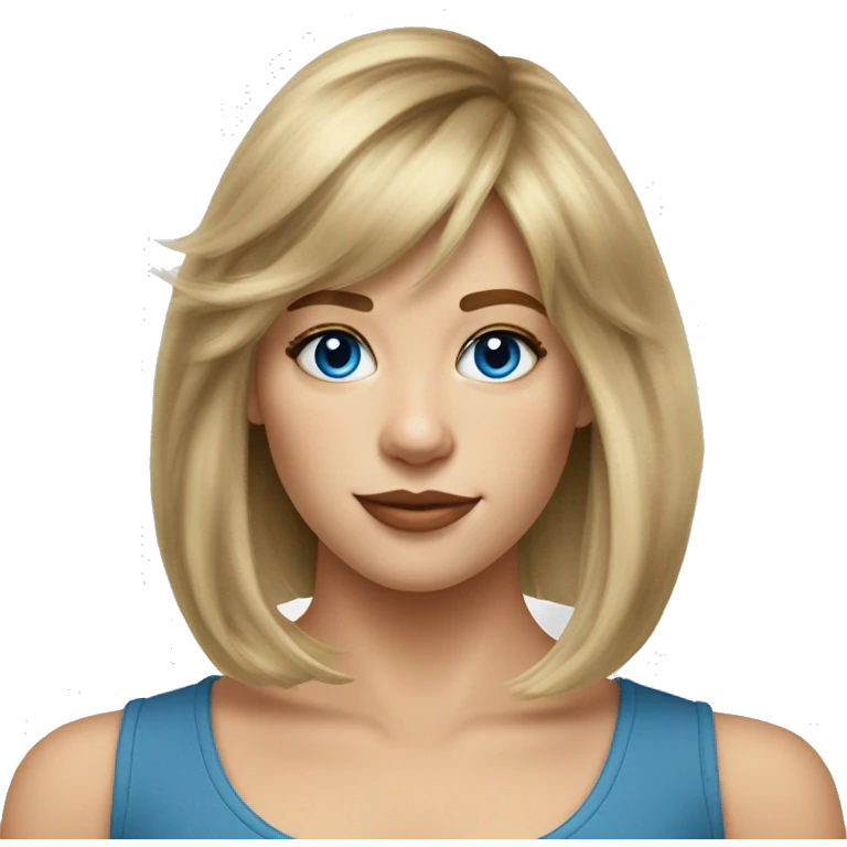 Medium length Dirty blonde voluminous hair with bangs and sides swept away from face girl with blue eyes  emoji