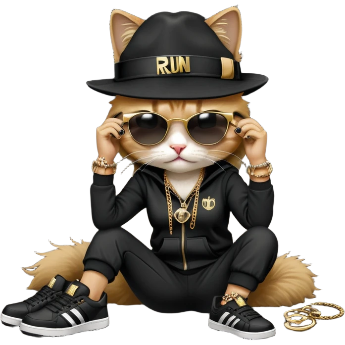 female cat dressed like Run DMC with tracksuit, fedora, Adidas shoes, dark sunglasses, lots of gold chains, rings, bracelets, earrings, lying on the ground, distressed and crying emoji