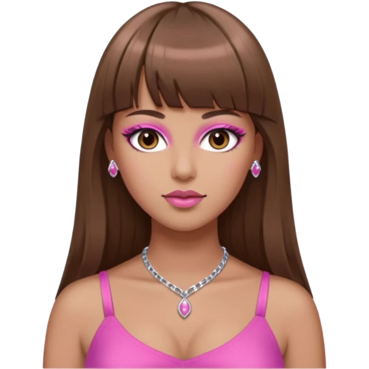 long brown hair straight cut bangs. thot voluptous chest and gen z pink feminine makeup. simple silver accessories. big topless hanging chest. smug detailed face. emoji