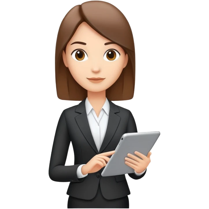 A flat-style illustration of a business executive confidently, holding a digital tablet or folder. The character wears smart business attire, clean cartoon style, white background, iOS emoji aesthetic. emoji