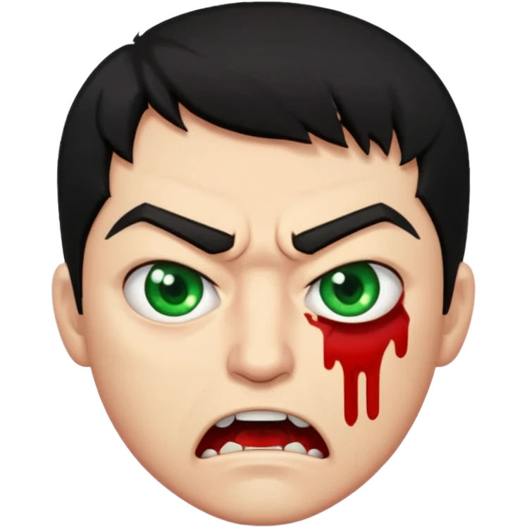guy with black hair and blood at the mouth with green eyes very angry emoji