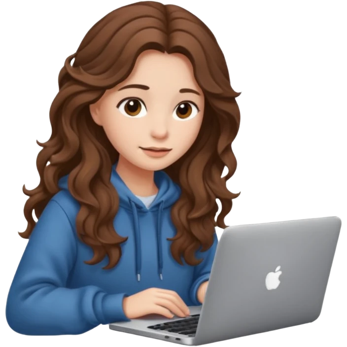 make a picture in ios 18 style of a girl with brown long wavy hair wearing cozy clothes and working on a laptop emoji