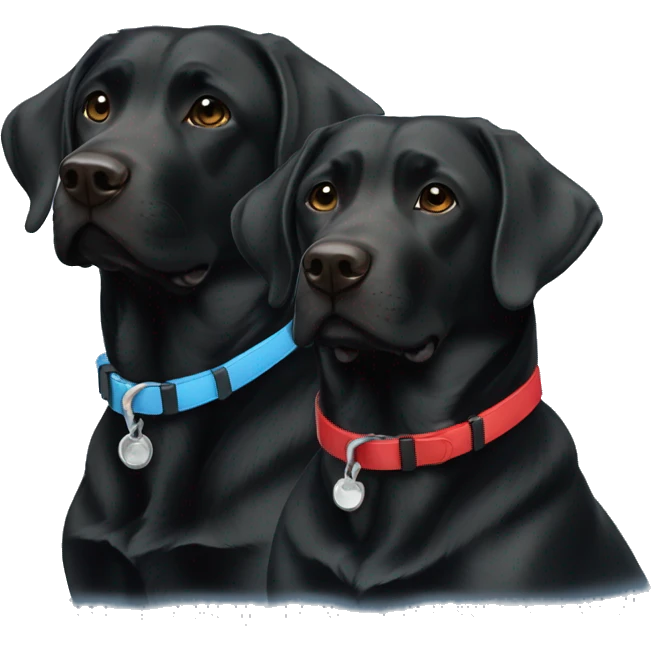 2 happy adult black labradors side by side, one with red colour, other with light blue collar emoji
