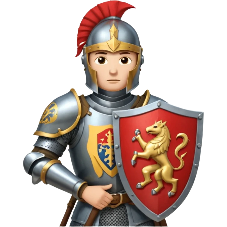 An emoji portrait of a medieval knight. He wears a suit of armor with a stylized helmet. His expression is serious and determined, and he holds a shield with a family crest. emoji