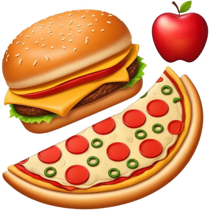 A fun fusion food emoji where a burger, pizza slice, french fries, and an apple are combined into one wacky fast food item emoji