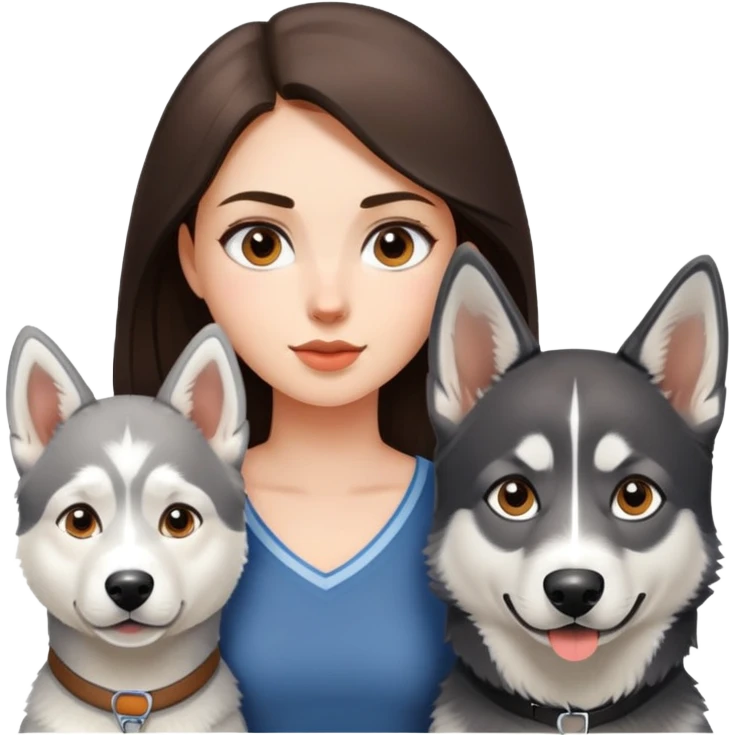 A brunette girl accompanied by her white and gray husky and her German shepherd  emoji