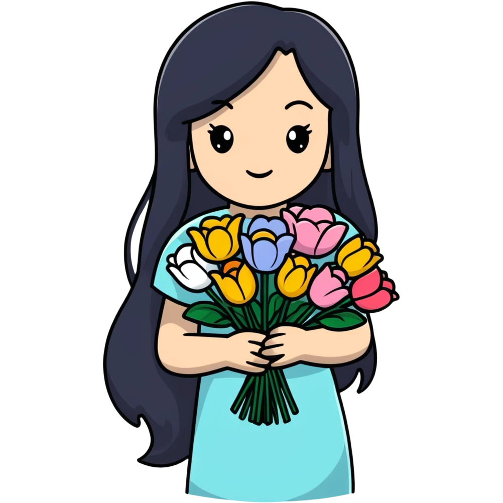 Beautiful girl with long black hair holding a bouquet of flowers emoji
