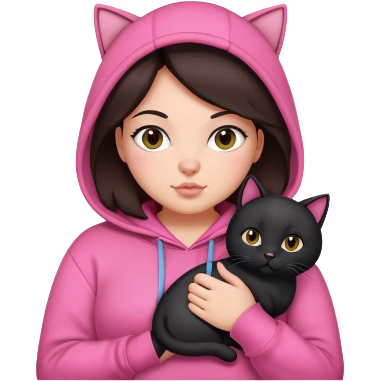 curvy girl with dark brown hair in pink hoodie with black cat on her hand emoji