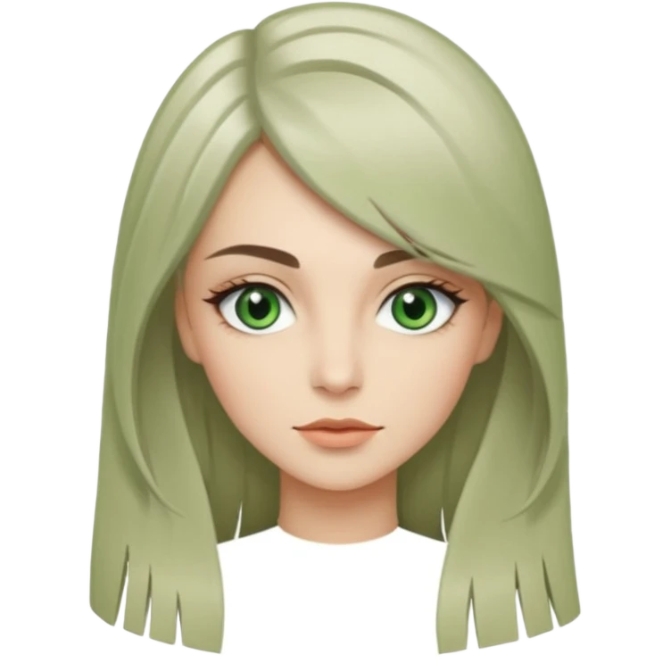 женщина с зелёными глазами, красивыми бровями, серо-бежевыми длинными волосами, с асимметричным пробором чёлкой, подстриженной каскадом, анфас  emoji