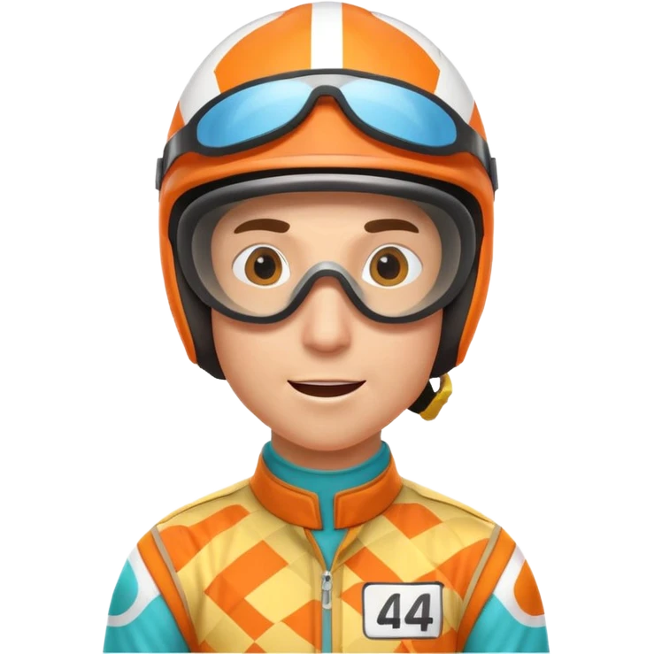 horse race jockey portrait, head and shoulders only, bright patterned racing uniform, helmet and goggles, energetic expression, 3D cartoon, mobile game icon style, clean background, no text, no watermark
 emoji