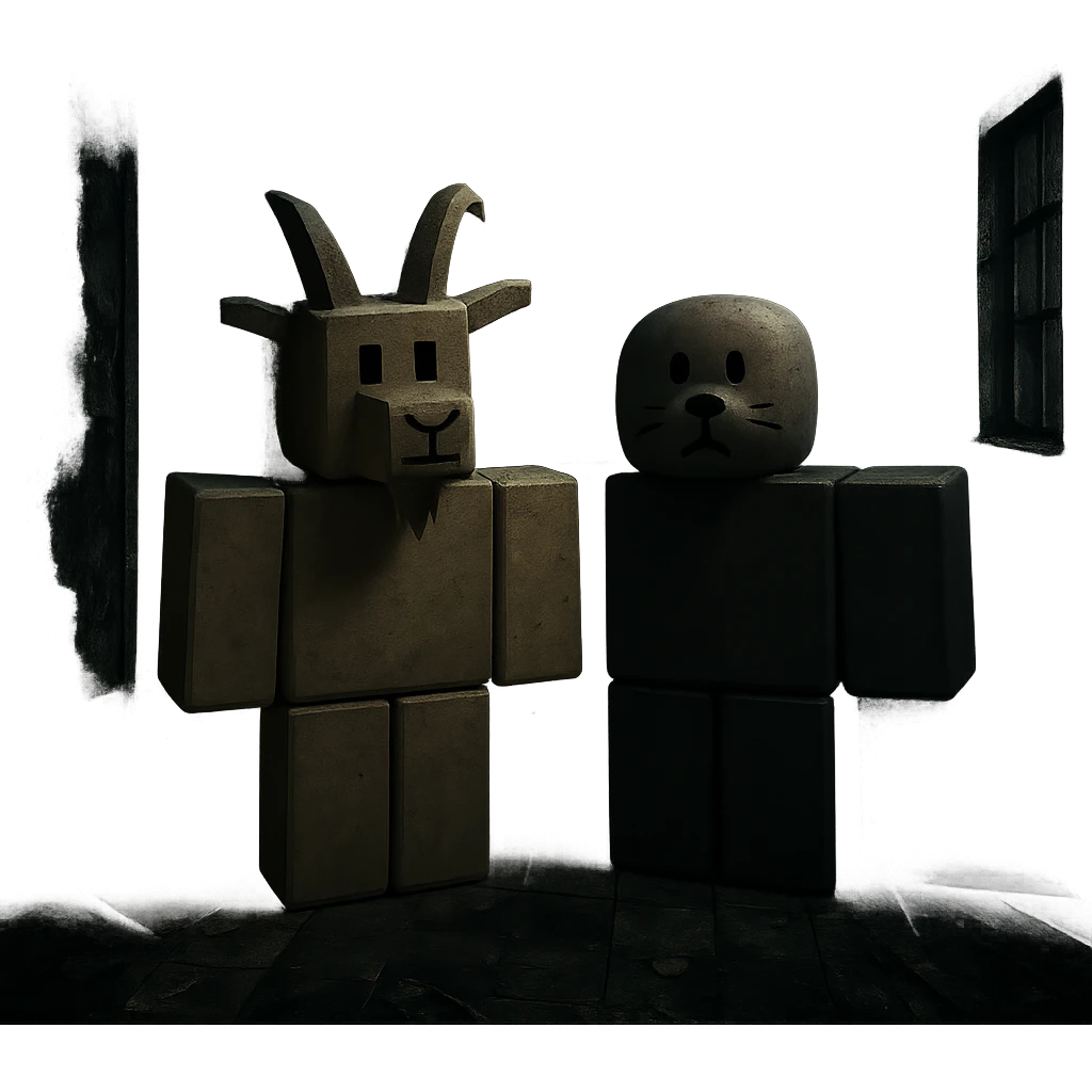 A goat and a seal drawn like Roblox characters in the abandoned and scary environment of the 'Forsaken' game, with a dark and eerie atmosphere, blocky and stylized game characters emoji