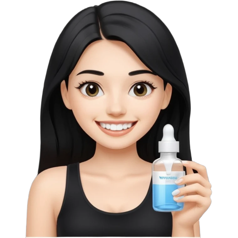 apple style emoji of a fair-skinned girl with beautiful black hair, wearing a black crop top, smiling widely with very white teeth, holding a simplified whitening serum bottle with shape and colors only, no text or branding emoji