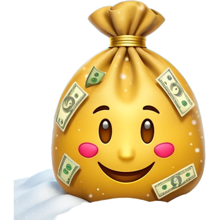 3D emoji style, money bag with dollar bills, New Year theme, snow particles, festive lighting, rich vibe, high detail, transparent background

 emoji