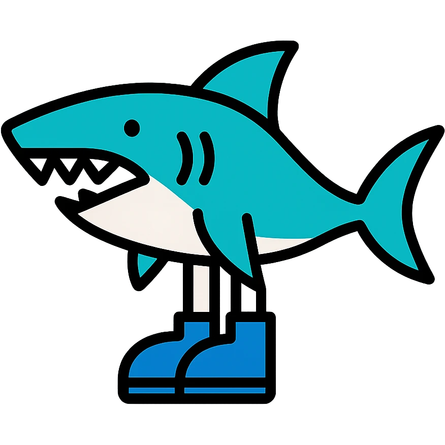 a visually striking shark wearing blue shoes, clean lines, modern design, bold colors emoji