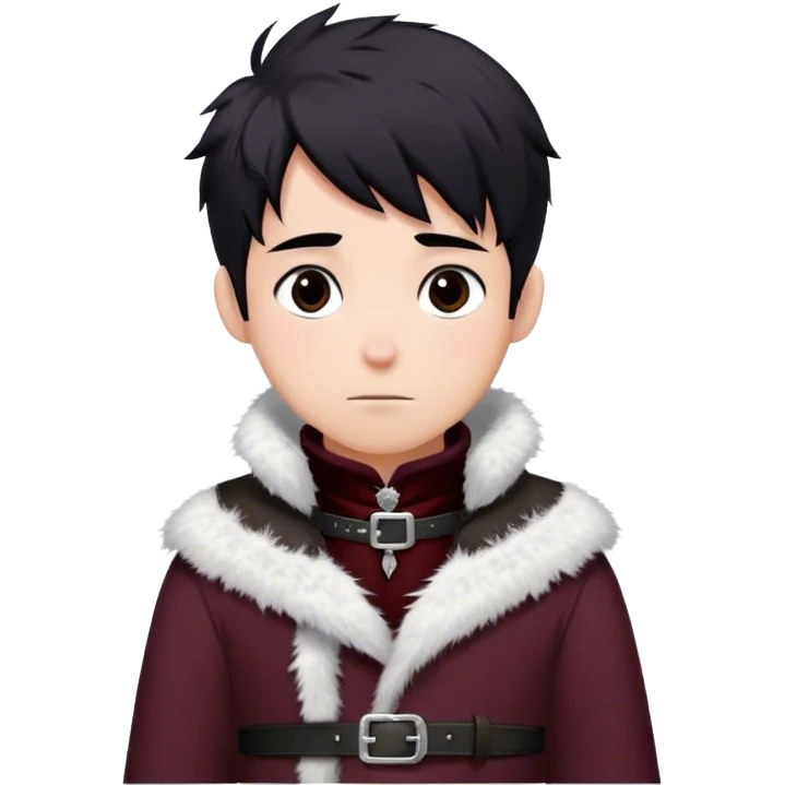Medieval winter outfit worn by a DnD themed fantasy male character. Heavy maroon wool tunic with rabbit fur trim, featuring a high collar with silver clasps, belted with a sturdy leather strap. Clothes only above the waist, full waist coverage. The character has no arms. Character is white-skinned with raven black hair, deep brown eyes, and short messy hair dusted with snowflakes. emoji