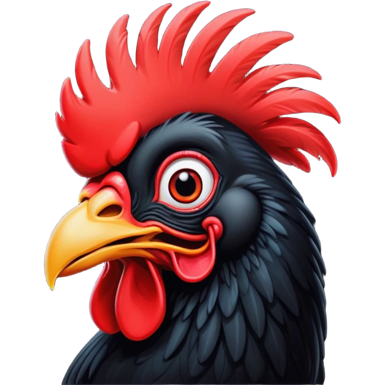 Cinematic Comical Black Rooster Portrait Emoji, Head tilted dramatically with an exaggeratedly shocked or amused expression, featuring a striking pure black plumage with a bold red comb, wide, expressive eyes filled with playful disbelief, Simplified yet hilariously expressive features, highly detailed, glowing with a slightly sassy glow, high shine, dramatic yet playful, stylized with an air of cheeky mischief, bright and endearing, soft glowing outline, capturing the essence of a spirited and over-the-top rooster, so meme-worthy it feels like it could crow its way into internet fame instantly! emoji