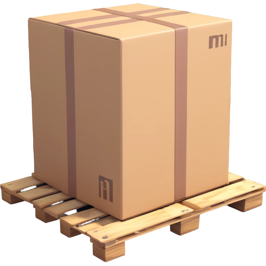 3D style of a location marker next to a pallet or box, realistic shading and depth emoji
