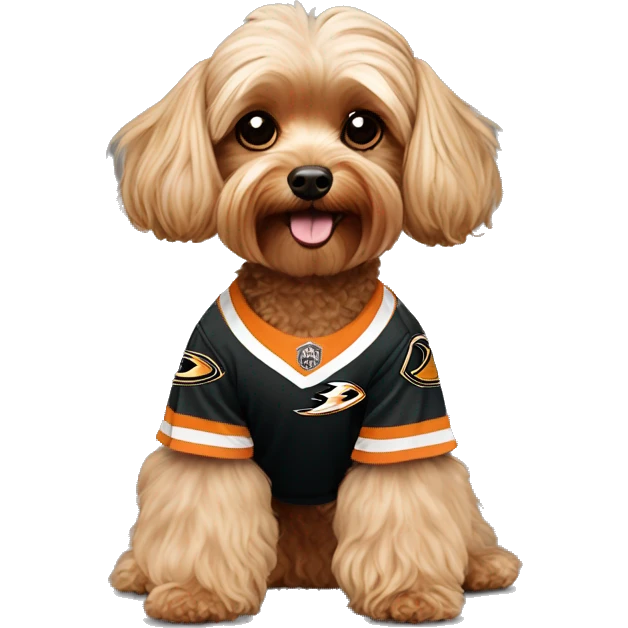 Yorkie-poodle wearing an Anaheim ducks jersey emoji