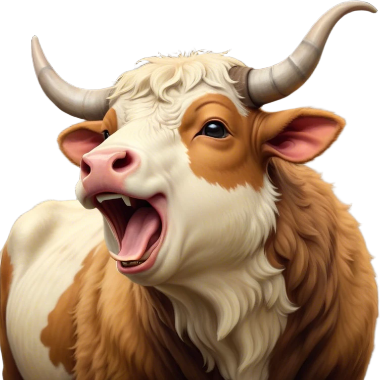 Cinematic Cute Yawning Domestic Ox Portrait Emoji, Head tilted slightly with a dramatic, wide-open yawn, showcasing a soft, textured hide with drooping horns and half-closed, drowsy eyes, Simplified yet irresistibly adorable features, highly detailed, glowing with a soft, cozy natural glow, high shine, relaxed yet expressive, stylized with a dash of pastoral whimsy, soft glowing outline, capturing the essence of a sleepy yet affectionate ox that seems ready to stretch out for a nap! emoji
