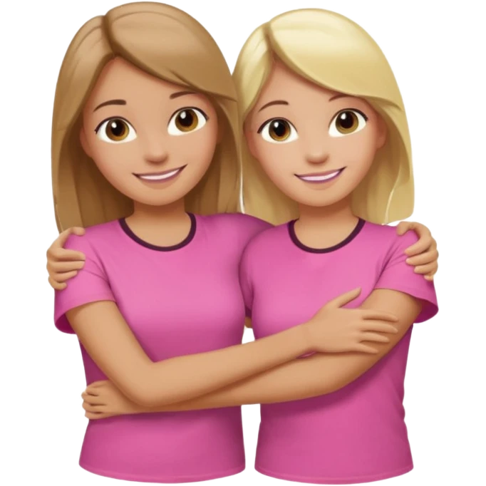 Two Girls with their arms around each other at summer camp one blonde one brown hair wearing pink shirt smiling  emoji