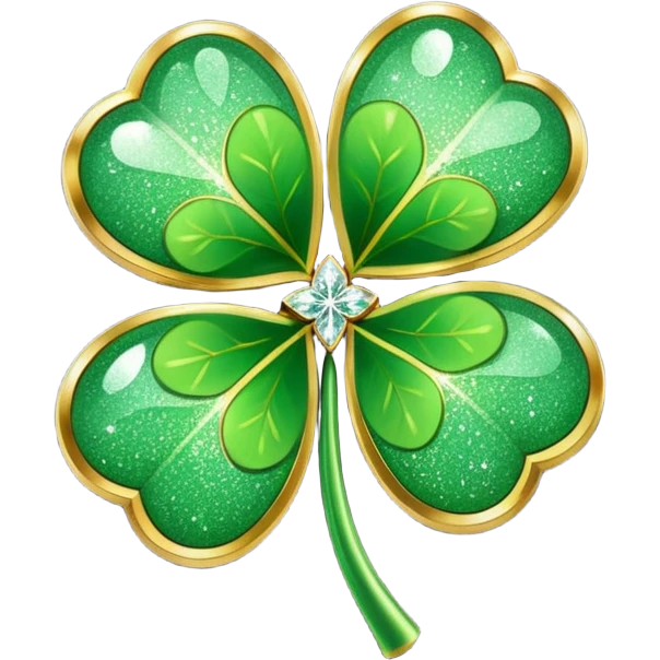 stylized, golden edged light green four leaf clover shamrock covered in glittering diamond dust emoji