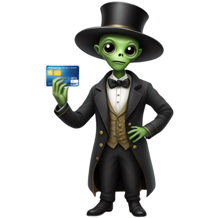 alien galora in Victorian dress elegant, full body, holding big credit card emoji