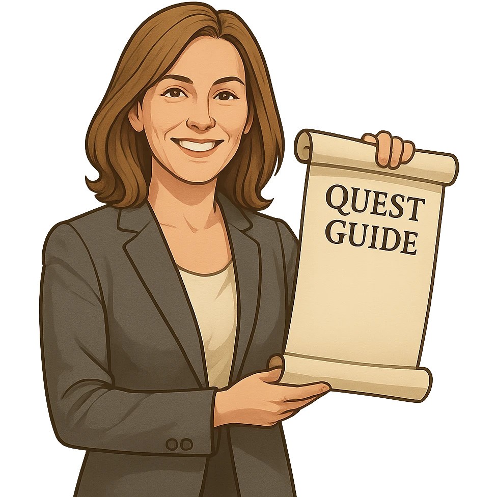 confident female mentor with shoulder-length light brown hair, smiling, in smart blazer and blouse, holding a scroll as quest guide emoji