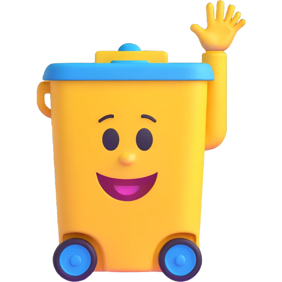 blue bin with a smiling face, waving emoji