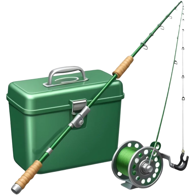 A fishing rod with reel and line neatly coiled beside a bait box. emoji
